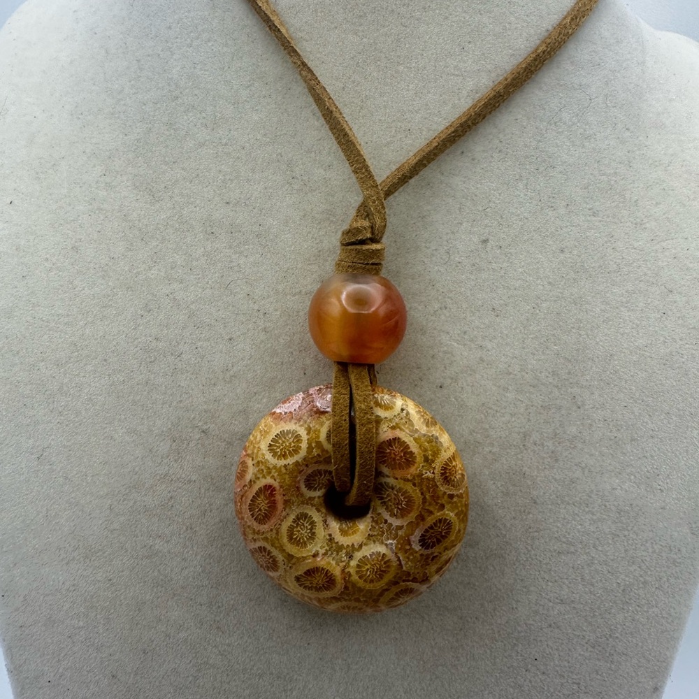 Brown and Tan Coral Fossil Donut Pendant Necklace on Brown Faux Suede - Picture 7 of 13
